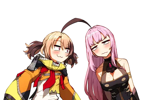 Gigi Murin's looking smugly at Mori Calliope while Gigi's ahoge toughes Calli's head. Calli looks frustrated.