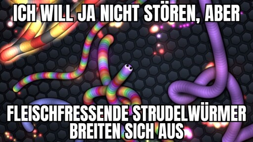 Ein Screenshot des Spiels slither.io mit der Aufschrift "Ich will ja nicht stören, aber fleischfressende Strudelwürmer breiten sich aus"