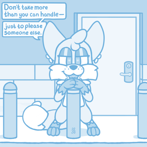 Digital monochrome sketch of Foxfire, an anthro fox, looking at the viewer. He is standing in front of a nondescript building, a door visible to our right. In front of Foxfire are three bollards—large concrete cylinders with rounded tops—and he has claimed the center one. His head is perched just above the top, with his hand-paws stacked atop one another, curved around the front of the bollard. His legs are spread far apart, but are still planted on the ground. His tail rests to his right, curling towards us. His dark eyelids rest halfway down, tiny hearts visible in the pupils, helping complete an amorous open mouth smile.  In contrast to the imagery, there is a speech bubble where Foxfire says "don't take more than you can handle—just to please someone else."
