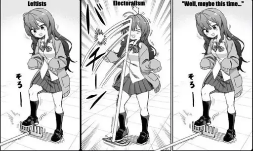 A three panel comic. In the first panel an anime schoolgirl is about to step on the rake (the caption says "leftists"). In the second panel she steps on the rake and it hits her in the face (the caption says electoralism). In the final panel, it's identical as the first panel and the caption says "well, maybe this time..."