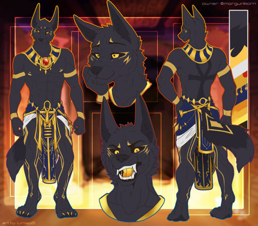 Reference Sheet of a character based on the Egyptian God Anubis, anthropomorphized Jackal, fully black the with gold accents, wearing a blue and gold pagne, ornamented with the Ankh symbol. The character is view from the front and the back, and two headshots with a loving and an angry mood. The background has warm colors and flames.