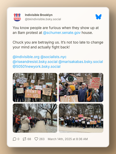 Post saying "You know people are furious when they show up at an 8am protest at  @schumer.senate.gov  house.  Chuck you are betraying us. It’s not too late to change your mind and actually fight back!"