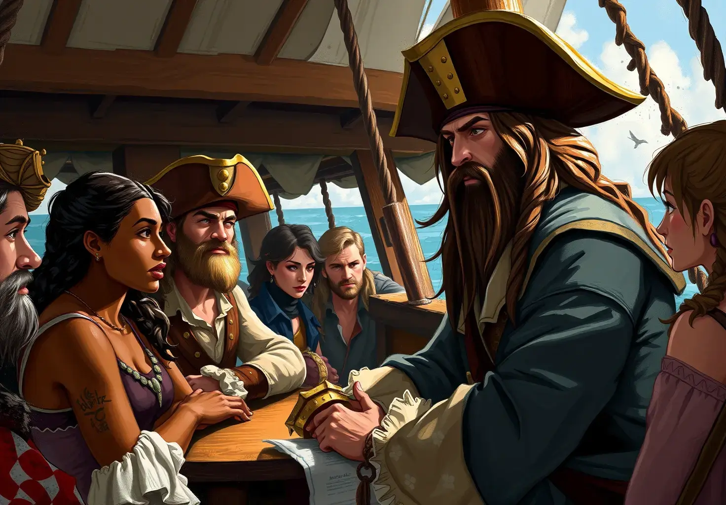 A pirate captain with a long goatee and long brown hair, in the cabin of his pirate ship, having a meeting with the male and female crew mates of various ethnicities and skin colors, splash fantasy art, impressionism