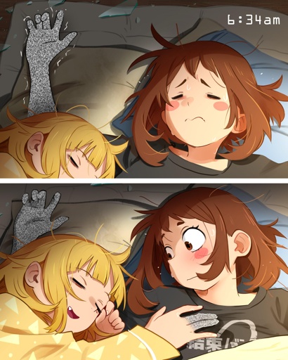 A fanart in 2 panels of Boku no Hero Academia depicting Himiko and Ochako sleeping together. Ochako and Himiko are sharing a futon, Himiko is using Ochako's arm as a pillow. Ochako's arm is coloured like TV static to show that it went numb. In the second panel it's revealed that Himiko's middle and ring fingers also went numb. Oy yoi yoi they had le sexo. The punchline was sex hihihihi.
