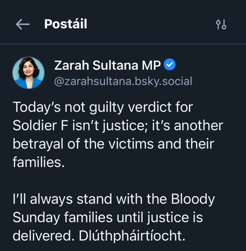 A Bluesky post by British MP Zara Sultana which uses the Irish word Dlúthpháirtíocht, meaning solitary. She is referencing victims, family and survivors of the Bloody Sunday massacre. 