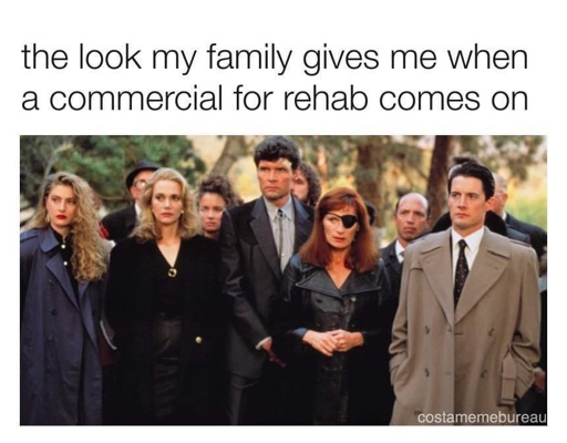 the look my family gives me when a commercial for rehab comes on. depicted is a funeral gathering 