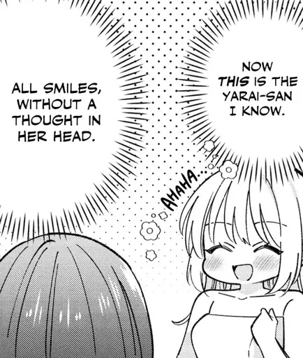 Crop of a manga page depicting a smiling blonde girl wearing only a towel, a second girl is looking at her thinking: "Now this is the Yarai-san I know. All smiles, without a single thought in her head".