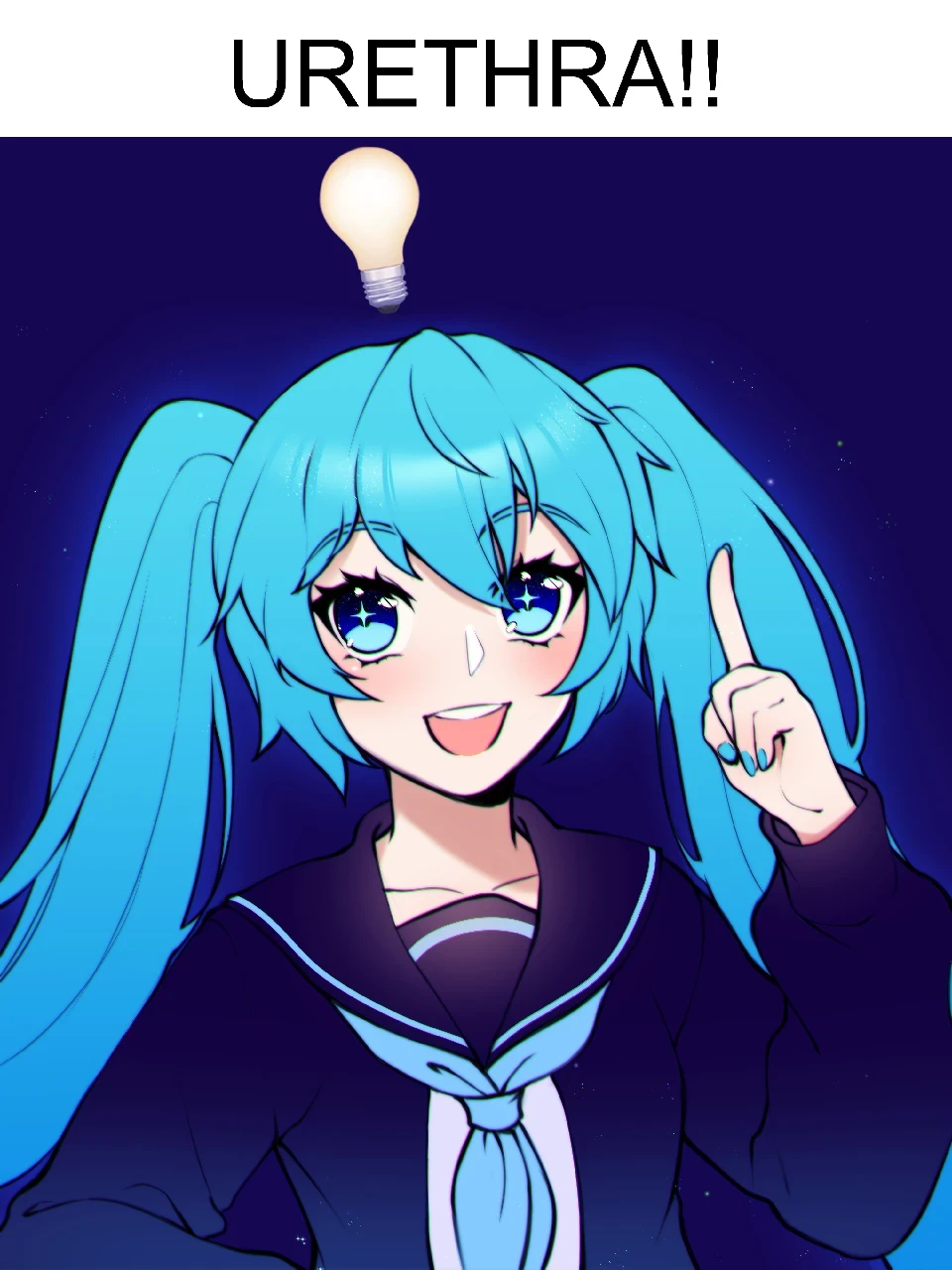 A drawing of Hatsune Miku by gomi-cake. Miku has an elated face and there's a lit lightbulb above head. The caption reads: "Urethra!!"