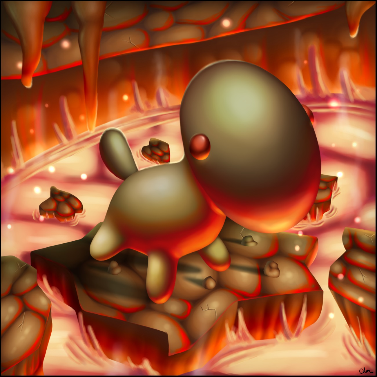 A drawing of the pokemon Evo-Lotto, which is a new Pokemon that was leaked. It has a large oval head and a dog-like body with red eyes. It's situated on a little platform surrounded by lava in a cave.