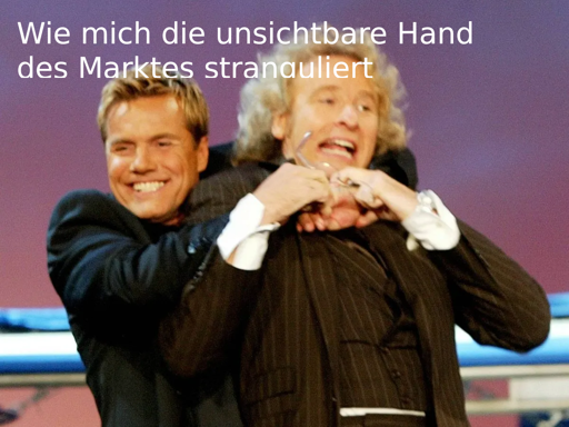 Dieter Bohlen (grinst) hat Thomas Gottschalk im Würgegriff, Überschrift "Wie mich die unsichtbare Hand des Marktes stranguliert"