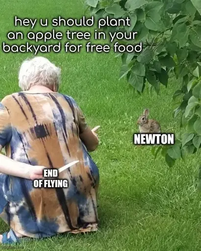 <image of an old person pointing to a rabbit, having a knife in their back hand> hey u should plant an apple tree in your backyard for free food. <rabbit with text 'Newton'> <knife with text 'end of flying'>