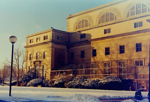 Analog photo of yellow brick building bathed in light. It's kinda underexposed. 