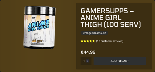 It's a product page for the gamersupp "Anime girl thigh". 100 servings. There are anime girl thighs on the box.