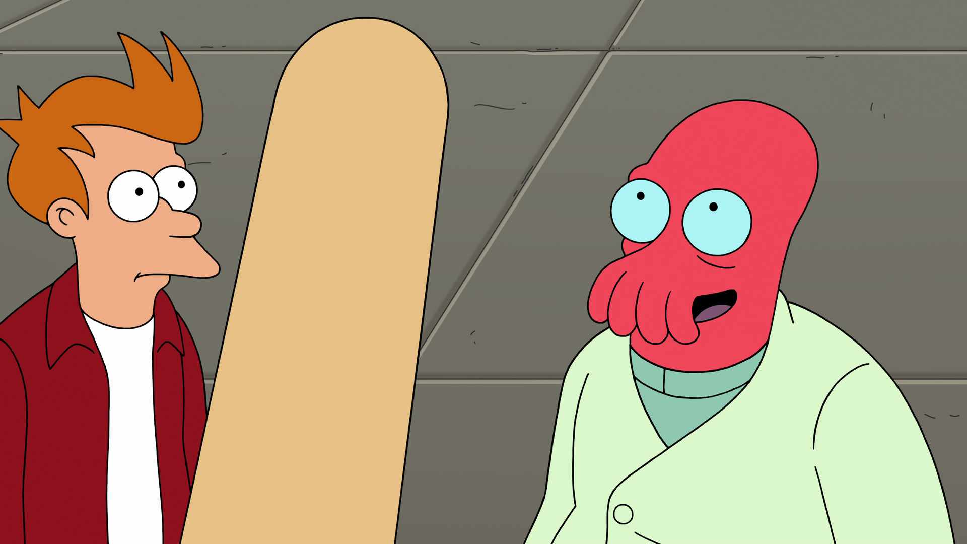 A picture of Zoidberg looking on in rapt awe at the Professor's Toe-Longer™ invention.