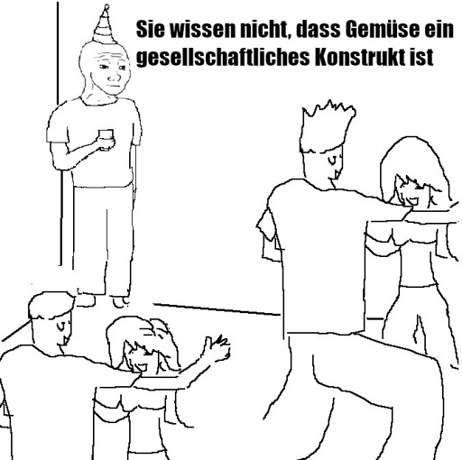 Krakelig skizziertes Bild eines Menschen, der in einsam in einer Ecke auf einer Party steht. Neben ihm der Text: "Sie wissen nicht, dass Gemüse ein gesellschaftliches Konstrukt ist"