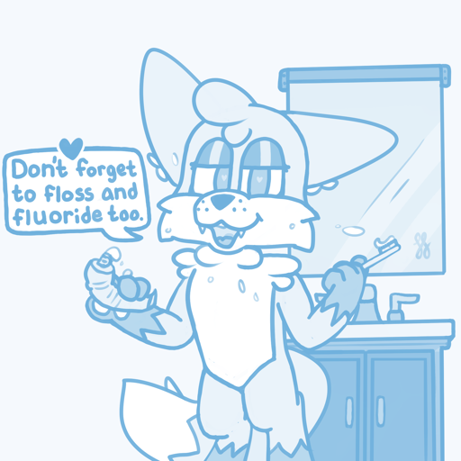 Digital monochrome sketch of Foxfire, an anthro fox, looking at the viewer. He is standing in front of a bathroom vanity and mirror, a toothbrush in his left hand-paw, and a tube of toothpaste in his right one. The toothpaste is dripping out of the tube, and appears to have been squeezed enough to spread beads of paste in the air and on parts of Foxfire's body. His dark eyelids rest halfway down, tiny hearts visible in the pupils, helping complete an amorous open mouth smile. In contrast to his expression, he says "don't forget to floss and fluoride too" in a speech bubble next to him.